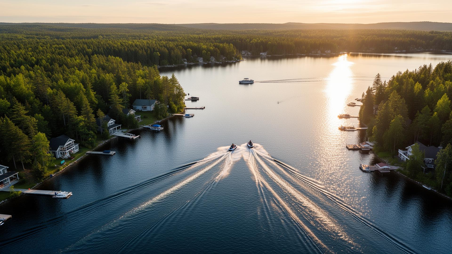 Aerial view of Jack Lake at golden hour with wave runners and pontoon boats